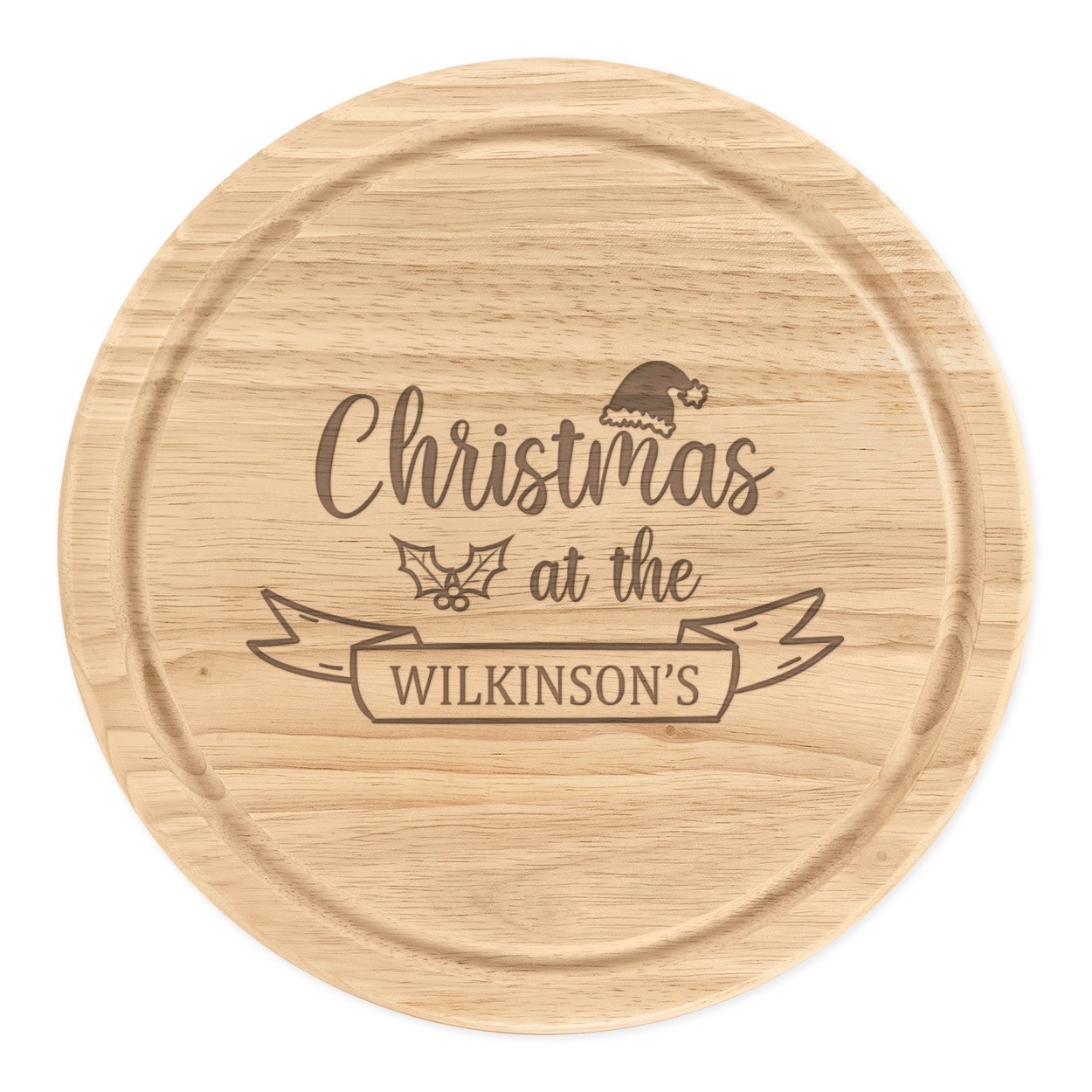 	 Personalised Wooden Chopping Cheese Board Round 25cm Custom Christmas At The Name 