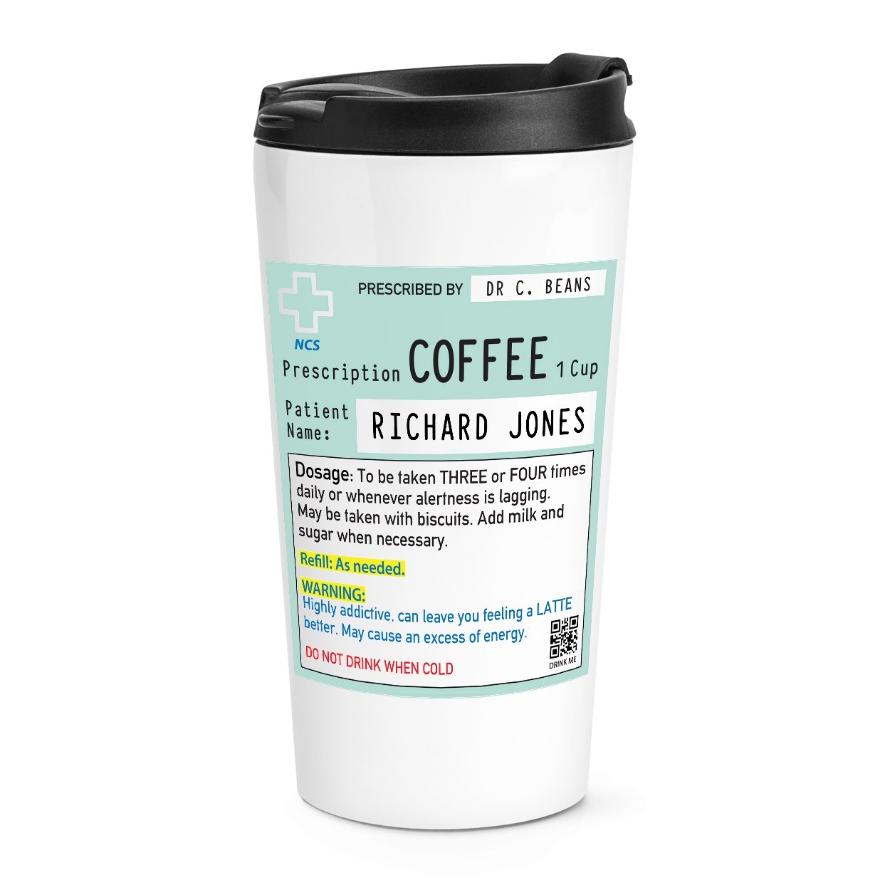 Personalised Name Coffee Prescription Travel Mug Cup