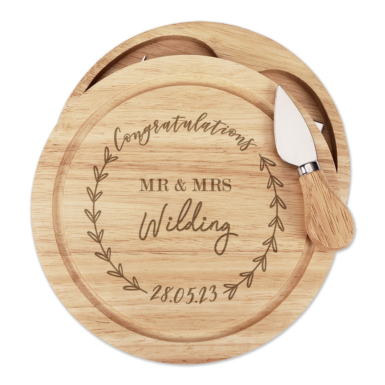 Personalised Congratulations Name Mr & Mrs Wedding Wooden Cheese Board Set 4 Knives