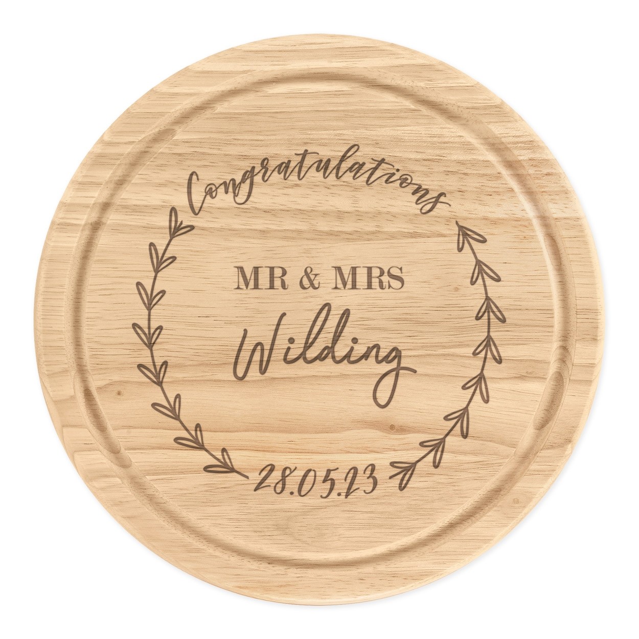 Personalised Congratulations Name Mr & Mrs Wedding Wooden Chopping Cheese Board Round 25cm Custom
