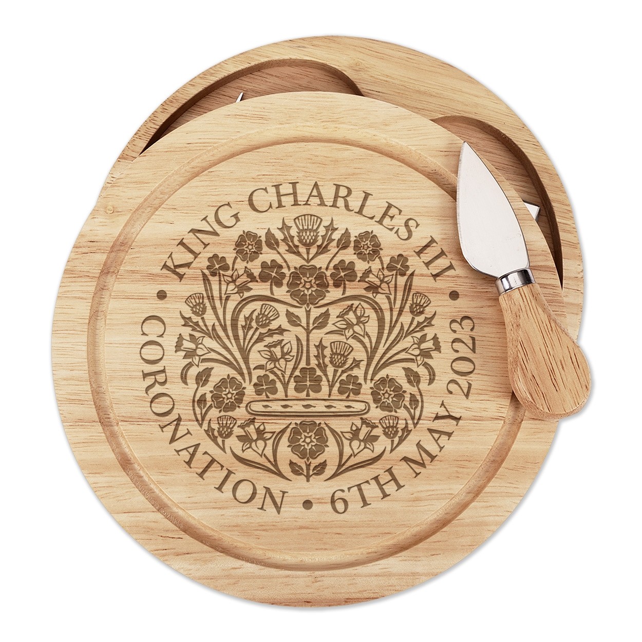 Coronation Emblem King Charles III Wooden Cheese Board Set 4 Knives Commemorative Gift Souvenir