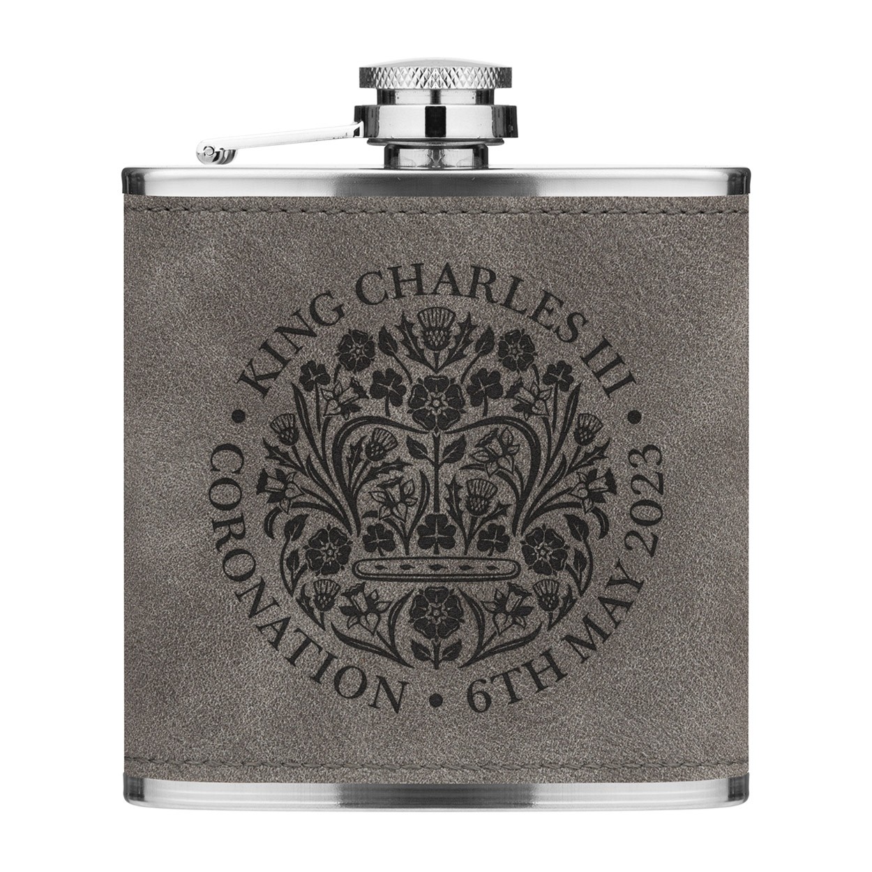 Coronation Emblem King Charles III 6oz PU Leather Hip Flask Grey Luxe King's Coronation Commemorative Souvenir Gift His Majesty 6th May 2023