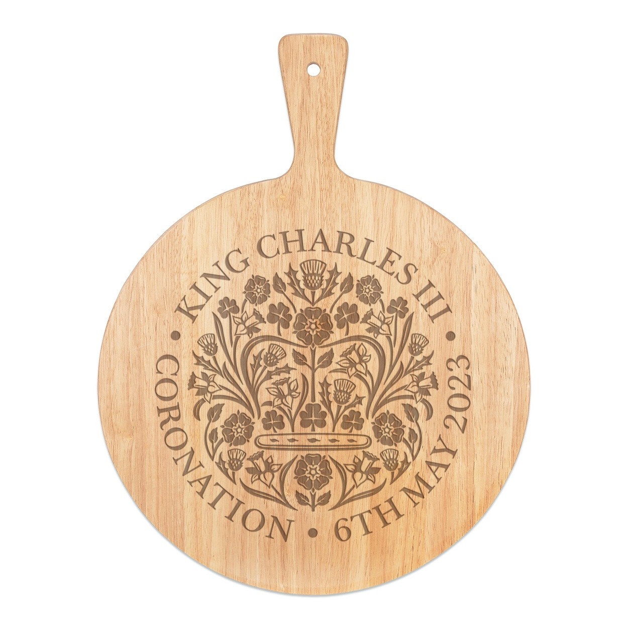 Coronation Emblem King Charles III Pizza Board Paddle Serving Tray Handle Round Wooden 45x34cm King's Commemorative Gift Souvenir