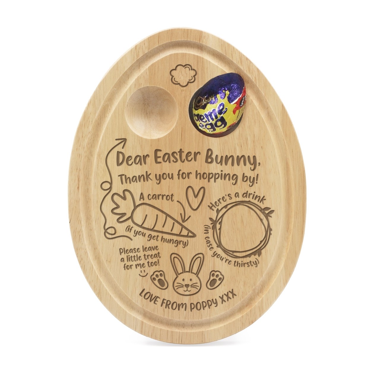 Personalised Easter Bunny Egg Board Breakfast Dippy Egg Cup - Thank You for Hopping By Drink, Carrot & Treat For Kids