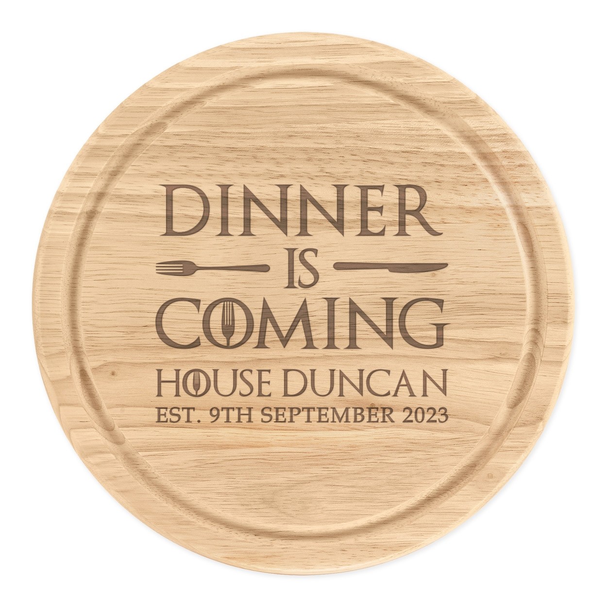 Personalised Dinner Is Coming Wooden Chopping Board Round 25cm Meat Serving BBQ Grill