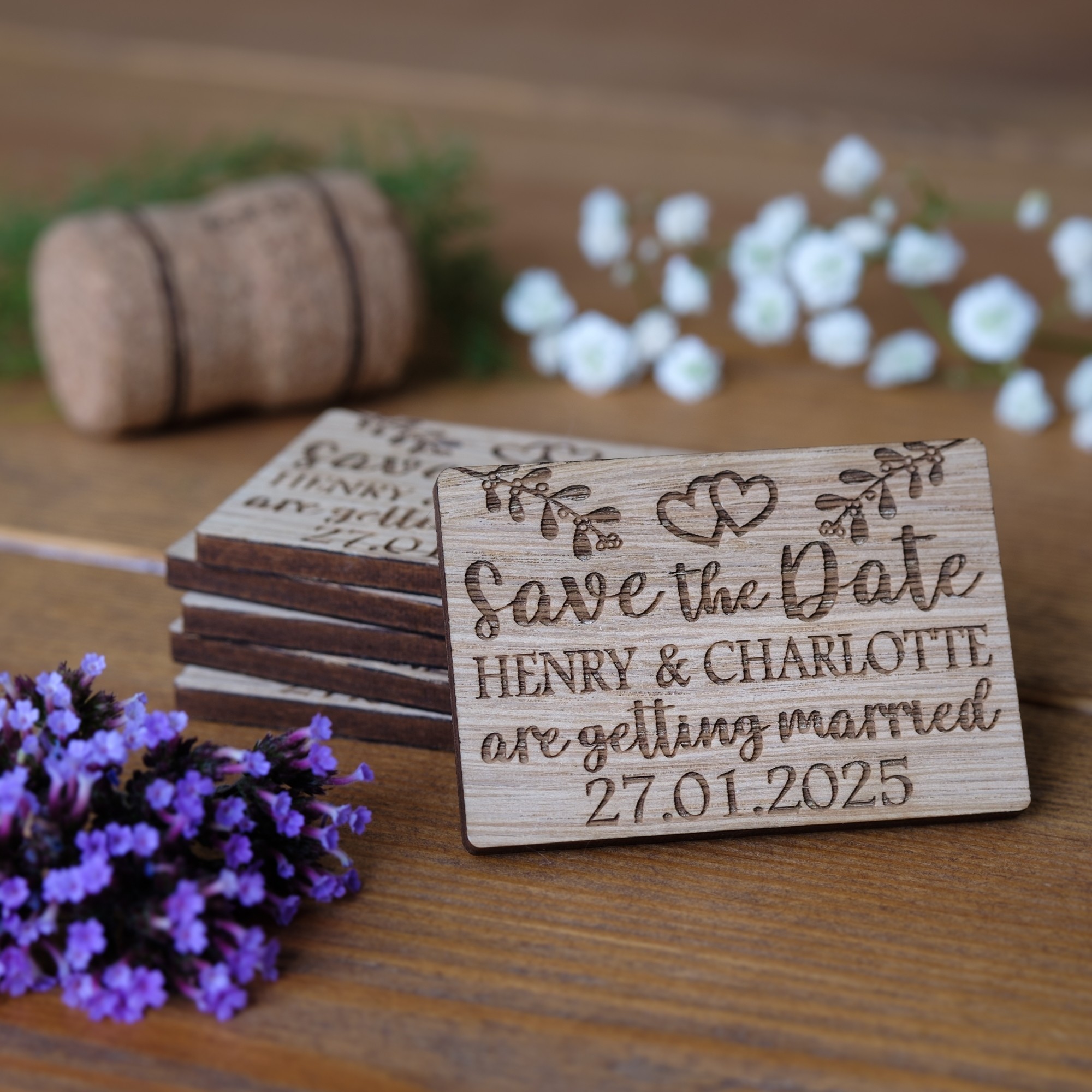 	 Personalised Wedding Save The Date or Evening Invitations Fridge Magnets Cards Floral Flowers Envelopes Wooden Favours Charms Rustic Oak Custom