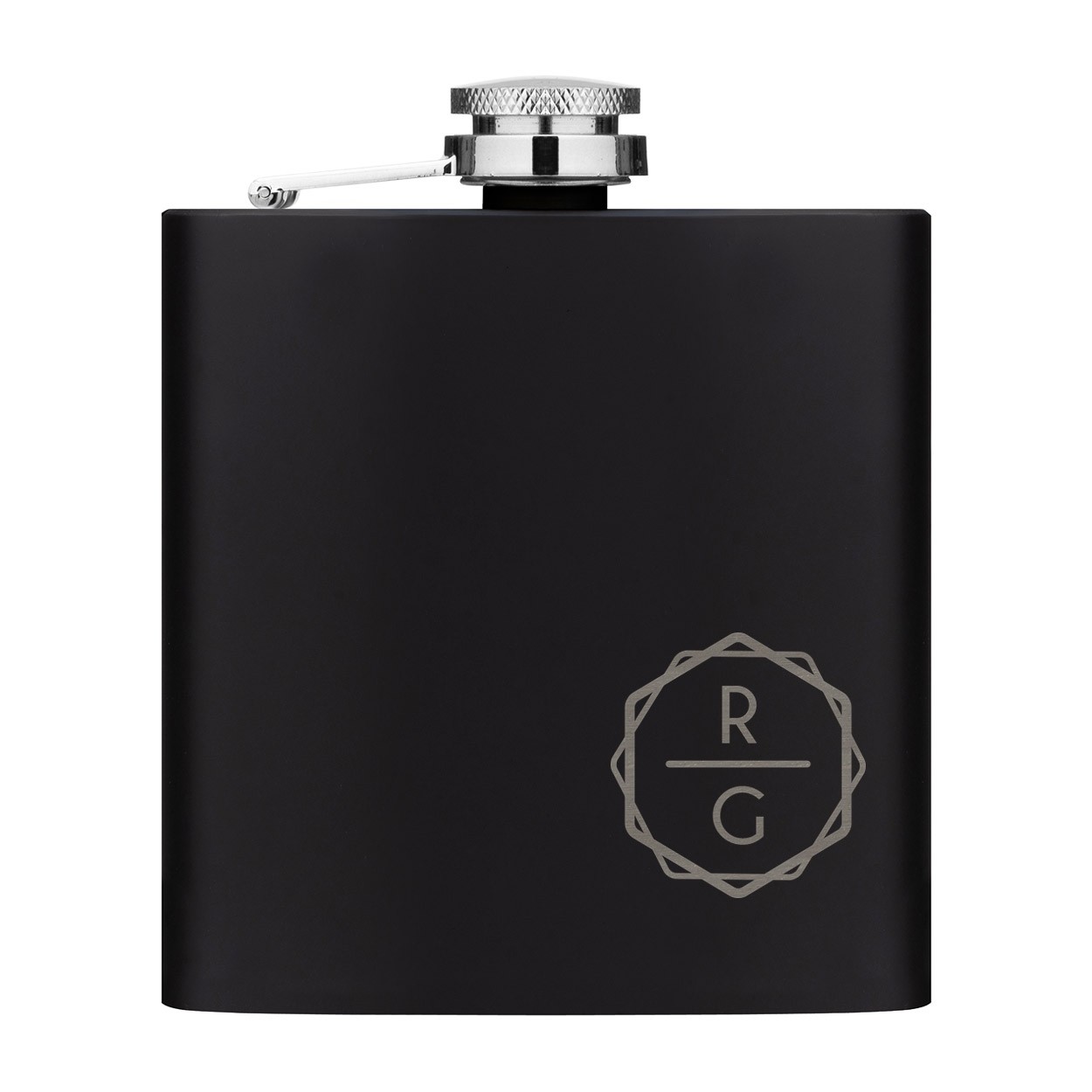 Personalised Hip Flask Custom Initials Entwined Hexagon 6oz Matte Black Stainless Steel