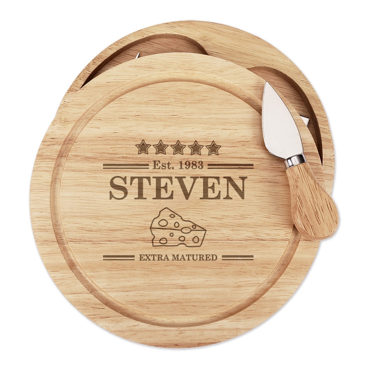 Personalised Custom Name Extra Matured Wooden Cheese Board Set 4 Knives