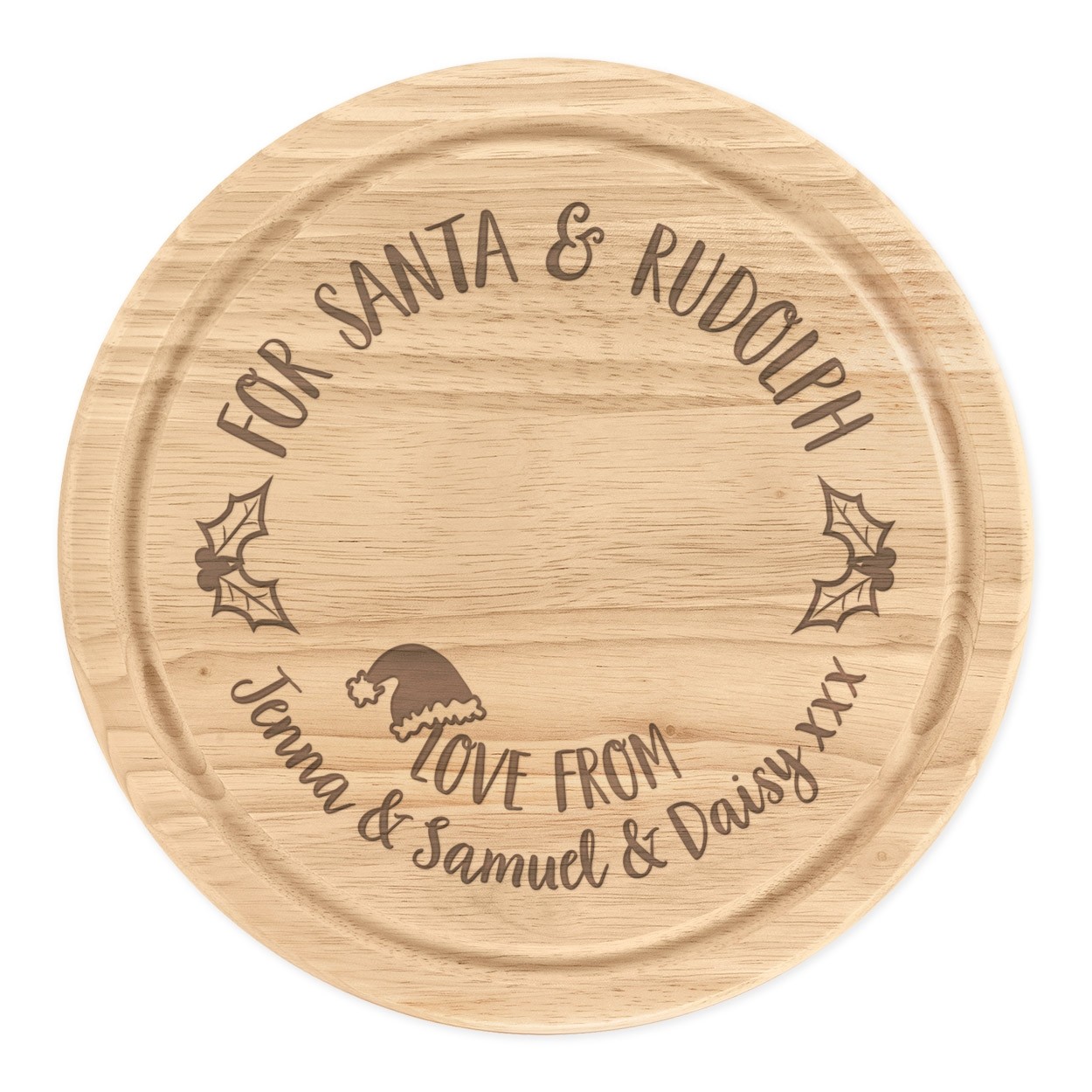 PPersonalised Christmas Eve Treat Board Classic Santa Round 25cm Wooden Snack Father Christmas Rudolf Custom