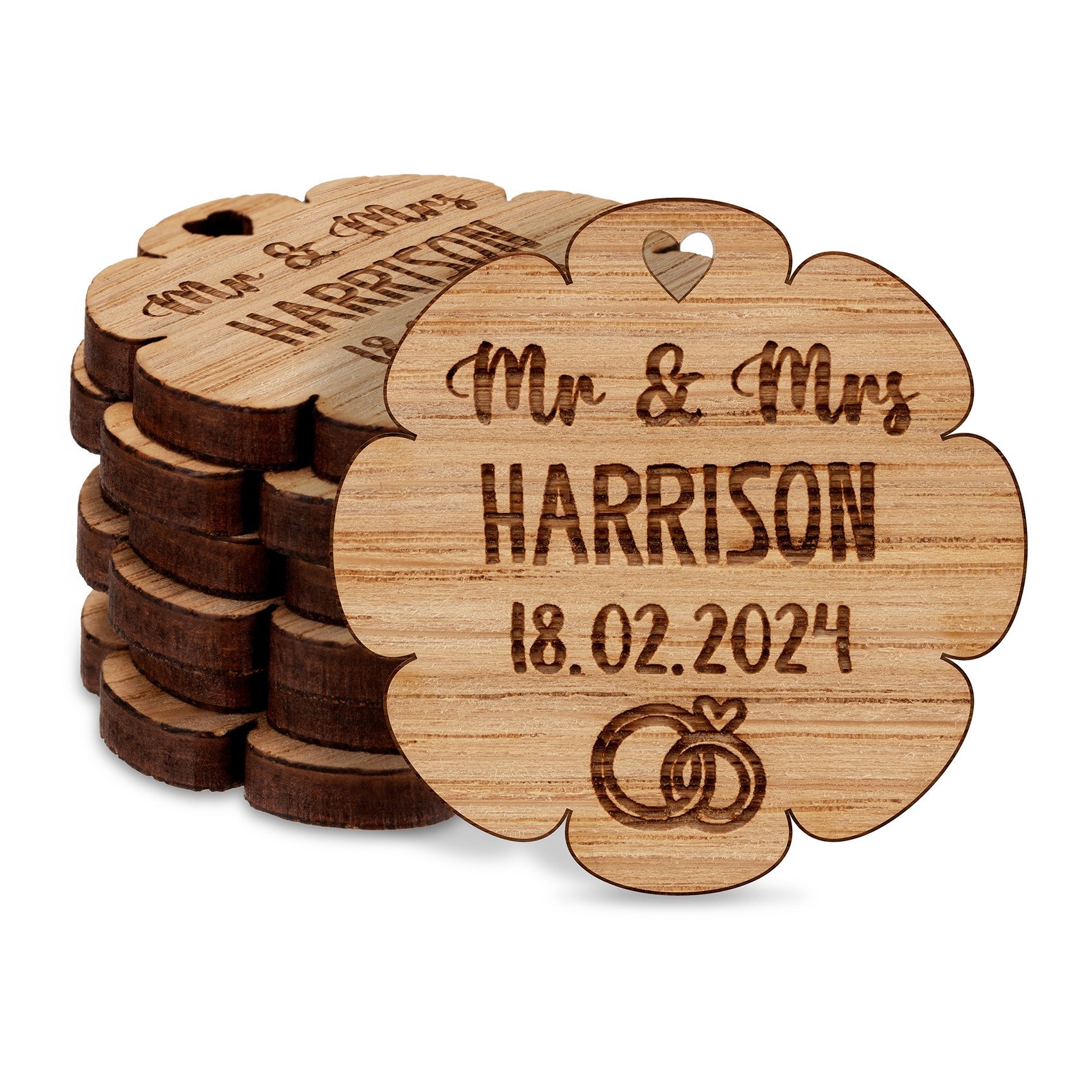 Personalised Mr & Mrs Rings Wedding Favours Table Decorations Flower Floral Wooden Confetti Sprinkles Scatters Charms Custom Tags