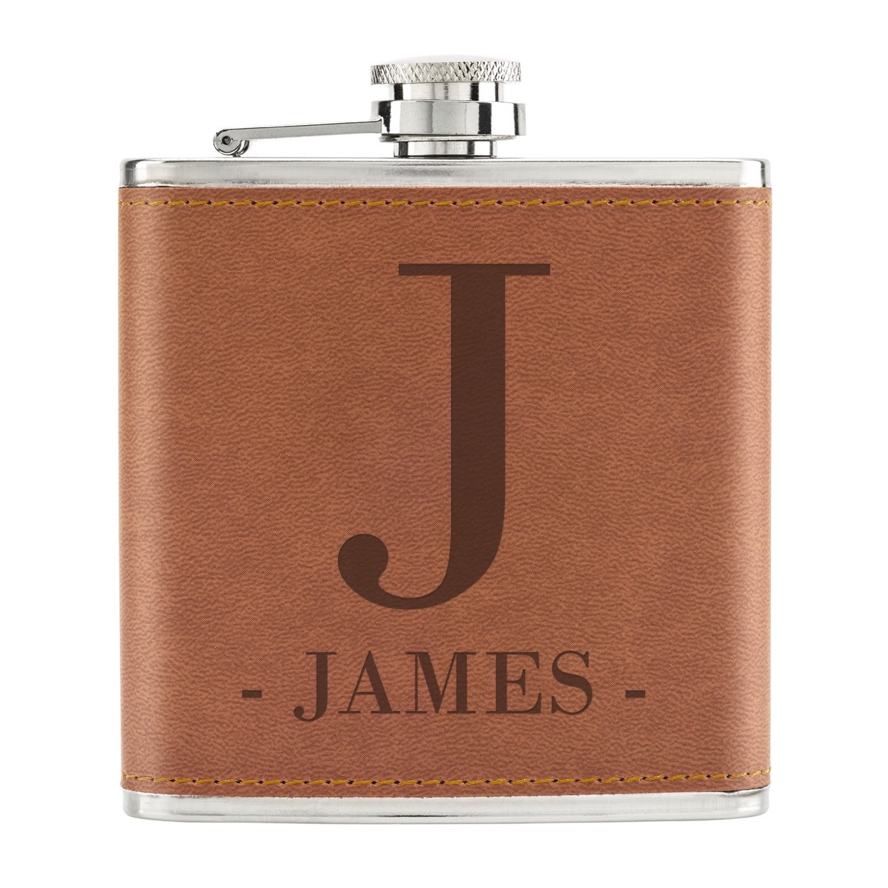 Personalised Custom Letter & Name 6oz PU Leather Hip Flask Tan