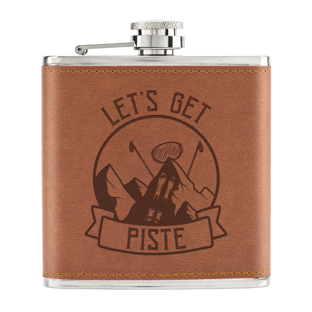 Let's Get Piste Pissed Skiing 6oz PU Leather Hip Flask Tan