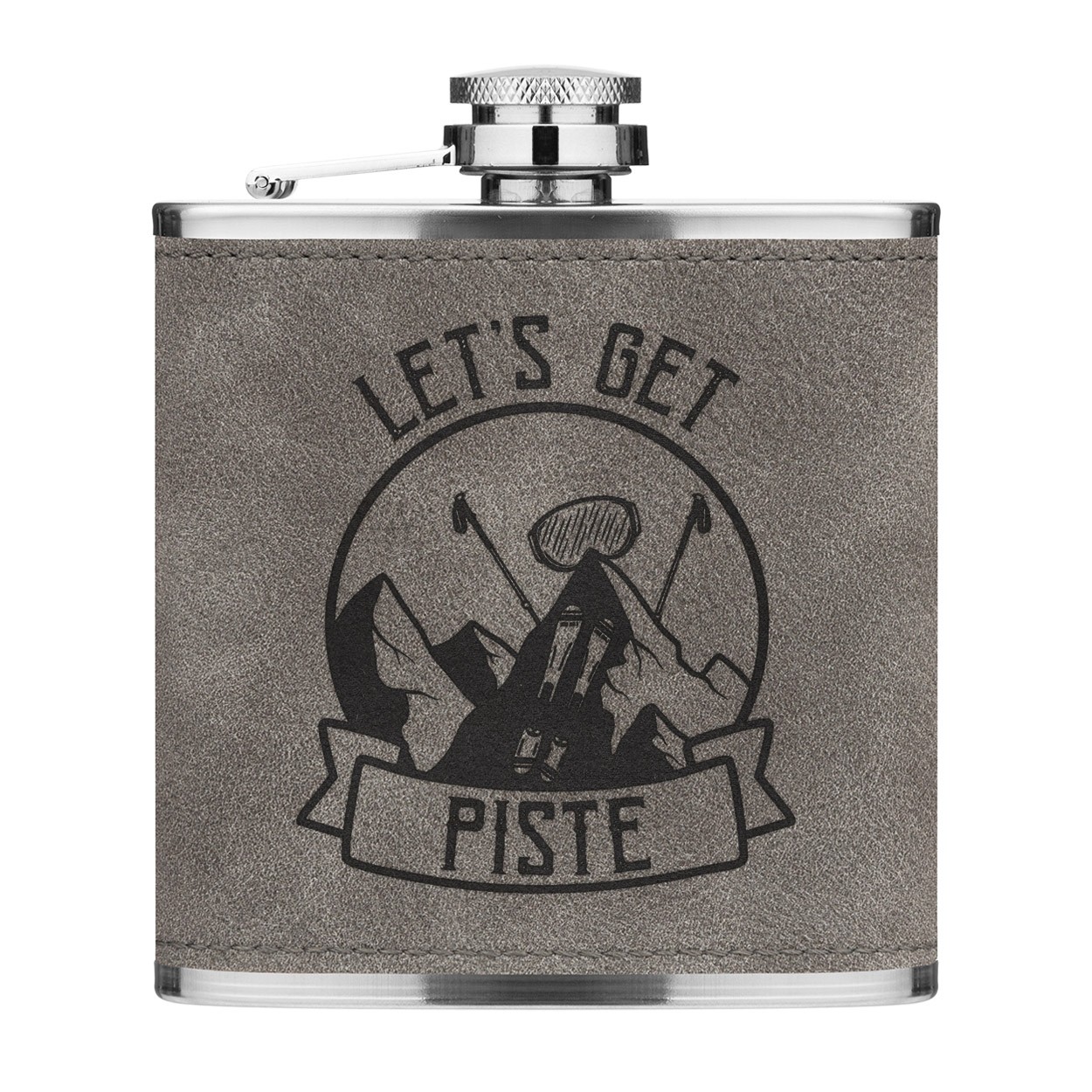 Let's Get Piste Pissed Skiing 6oz PU Leather Hip Flask Grey Luxe