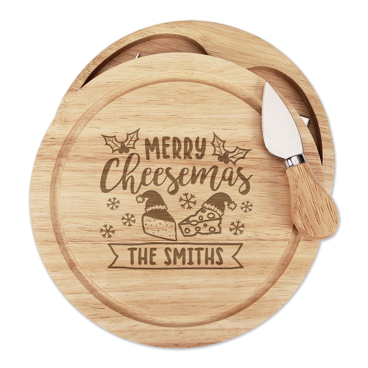 Personalised Merry Cheesemas Christmas Wooden Cheese Board Set 4 Knives