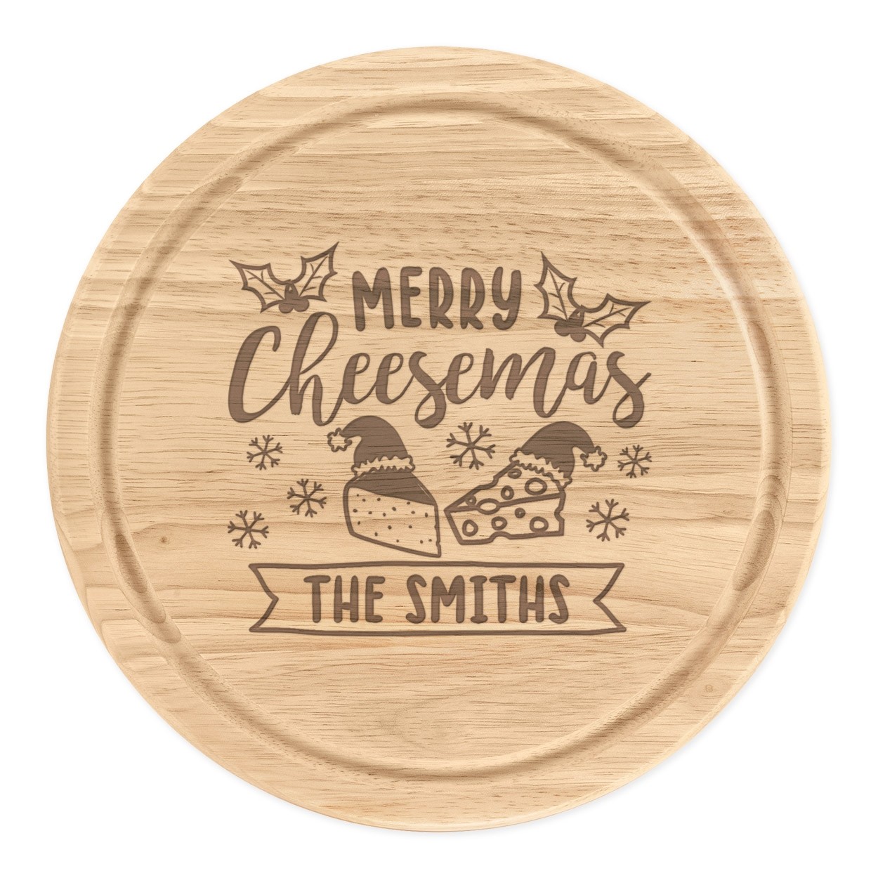 Personalised Merry Cheesemas Christmas Cheese Board Round 25cm Wooden Chopping