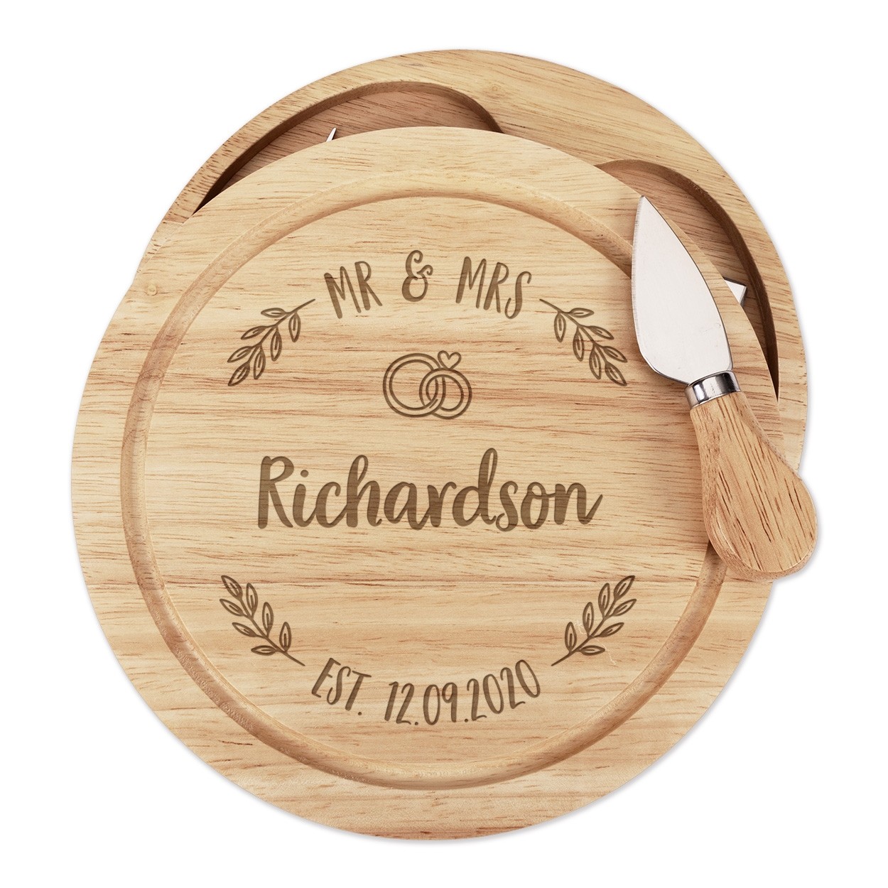 Personalised Custom Name Mr & Mrs / Mr & Mr / Mrs & Mrs Wreath Wooden Cheese Board Set 4 Knives