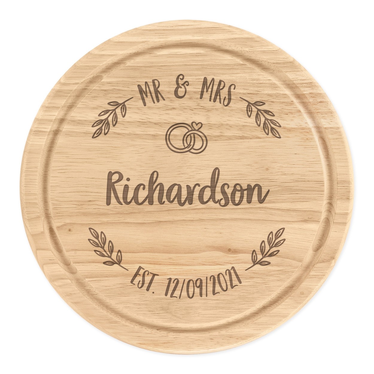 Personalised Wooden Chopping Cheese Board Round 25cm Custom Name Mr & Mrs Wreath Wedding