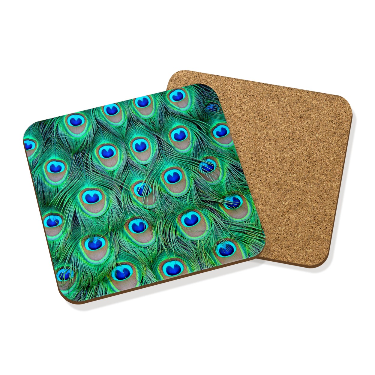 PEACOCK FEATHERS PATTERN DRINKS COASTER MAT CORK SQUARE SET X4