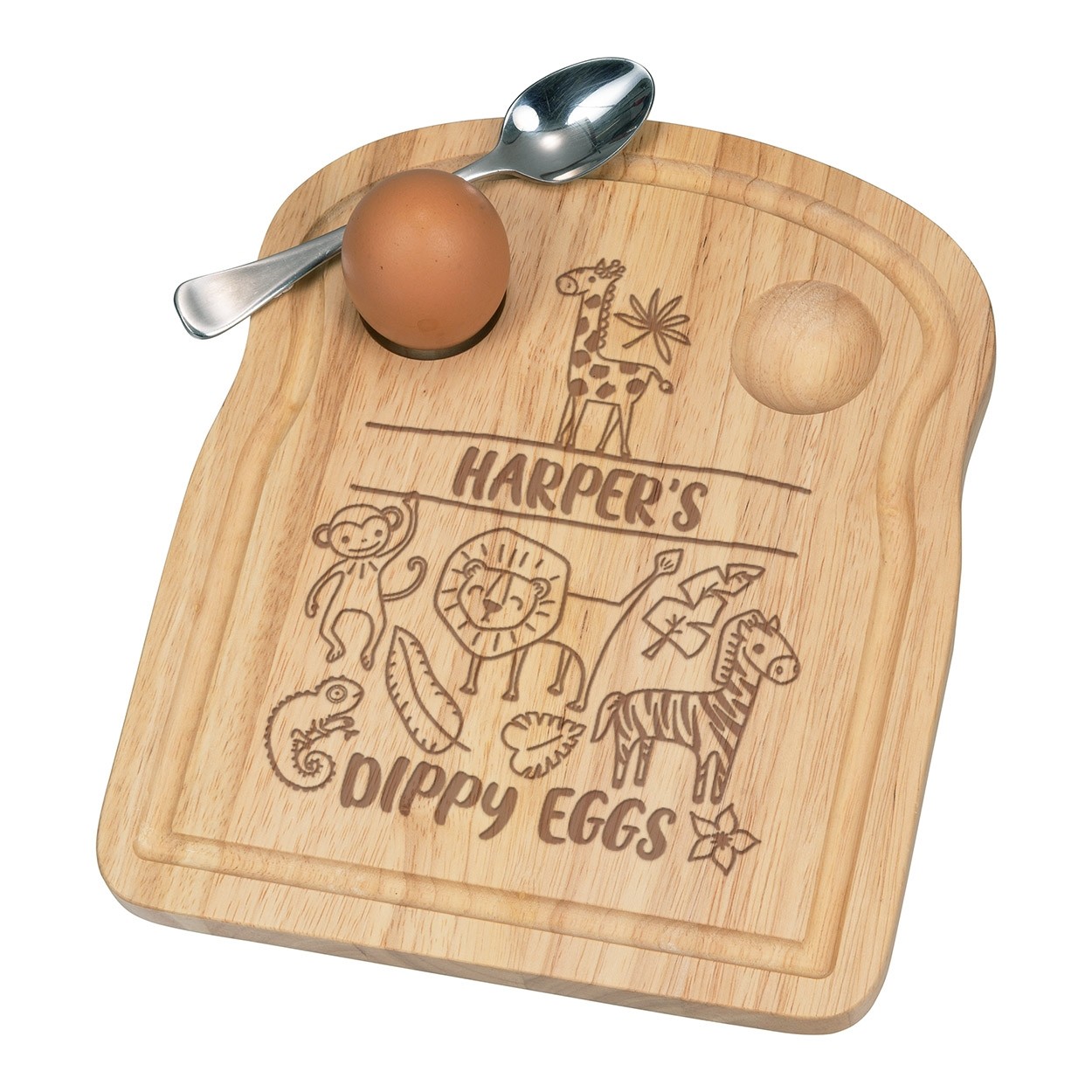 Personalised Jungle Animals Breakfast Dippy Egg Cup Board Wooden Easter