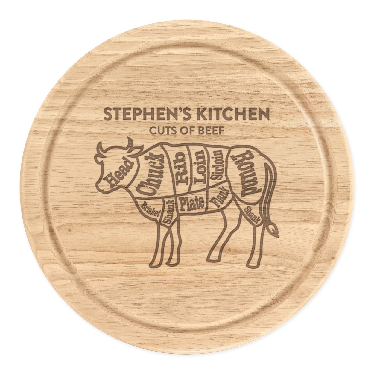  Personalised Name Cuts Of Beef Steak Cow Butchers Guide Wooden Chopping Board Round 25cm Meat Serving BBQ Grill