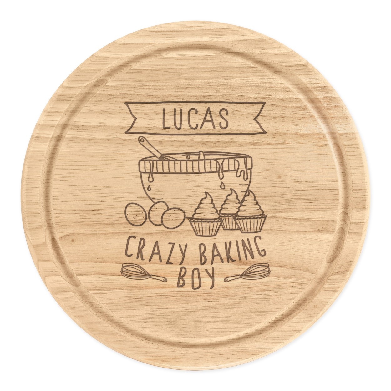 Personalised Wooden Chopping Cheese Board Round 25cm Custom Name Crazy Baking Boy