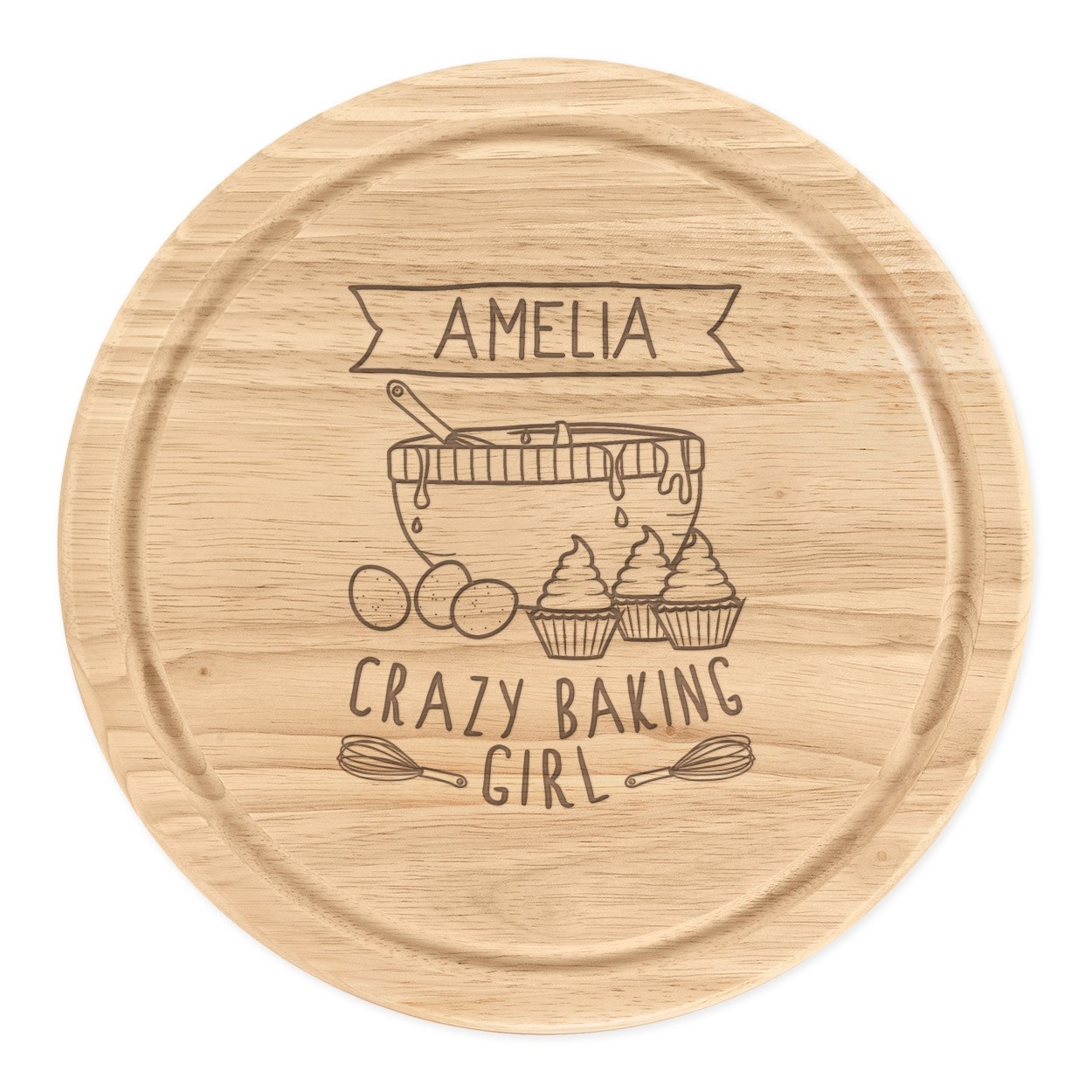 Personalised Wooden Chopping Cheese Board Round 25cm Custom Name Crazy Baking Girl