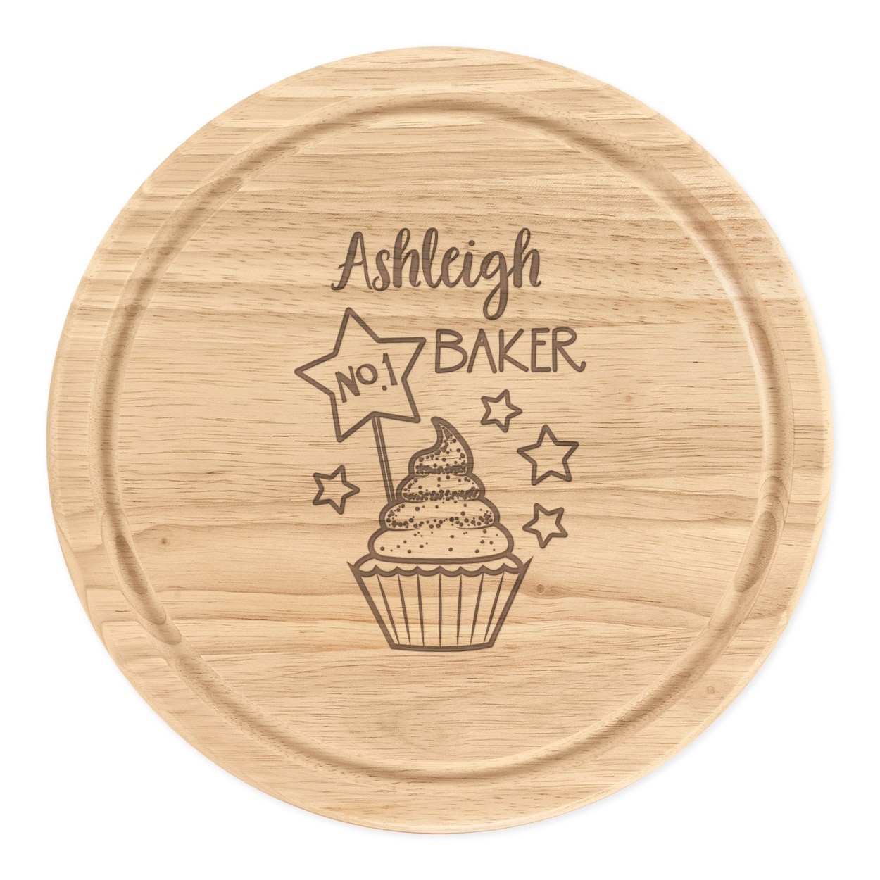 Personalised Wooden Chopping Cheese Board Round 25cm Custom Name No.1 Baker Cupcake