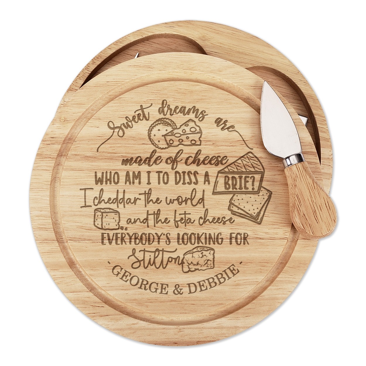 Personalised Sweet Dreams Are Made Of Cheese Wooden Cheese Board Set 4 Knives