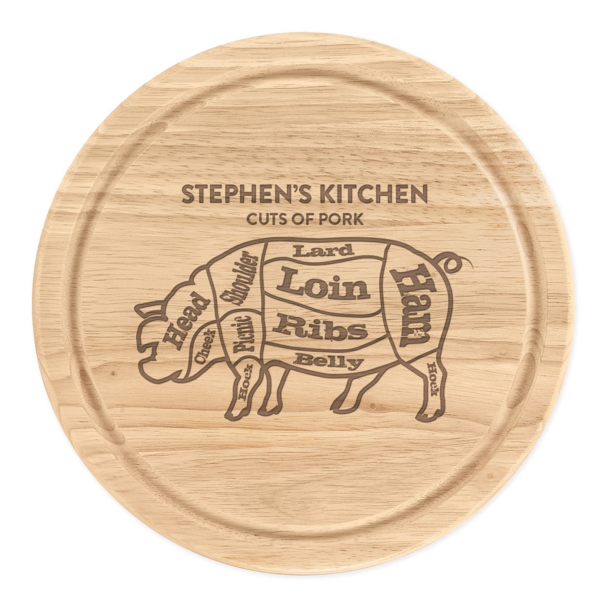 Personalised Name Cuts Of Pork Pig Butchers Guide Wooden Chopping Board Round 25cm Meat Serving BBQ Grill