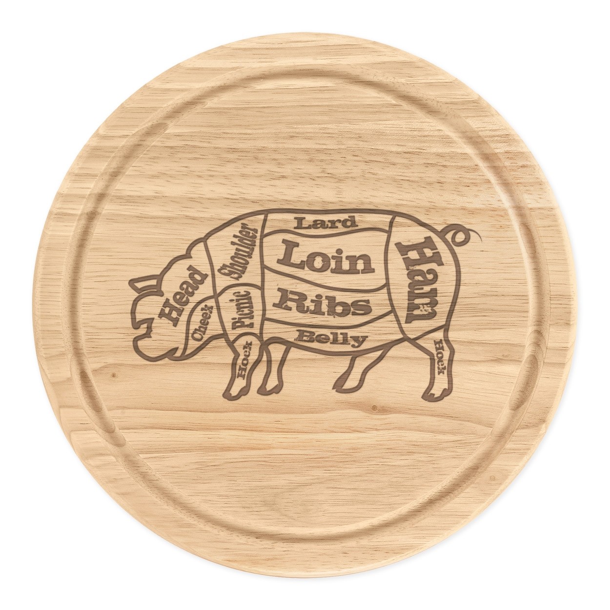Cuts Of Pork Pig Butchers Guide Cow Corner Wooden Chopping Board Meat Serving Board Round 25cm