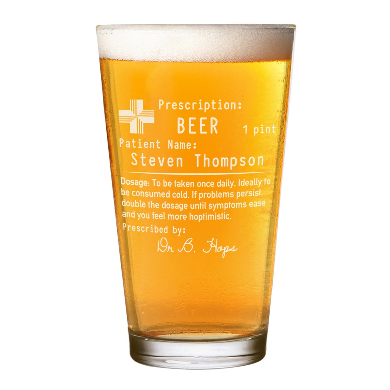 Personalised Name Prescription Beer Pint Glass Shaker Birthday Fathers Day Wedding Stag Do