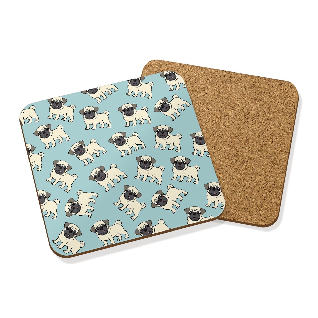 PUGS IN THE SKY PATTERN DRINKS COASTER MAT CORK SQUARE SET X4