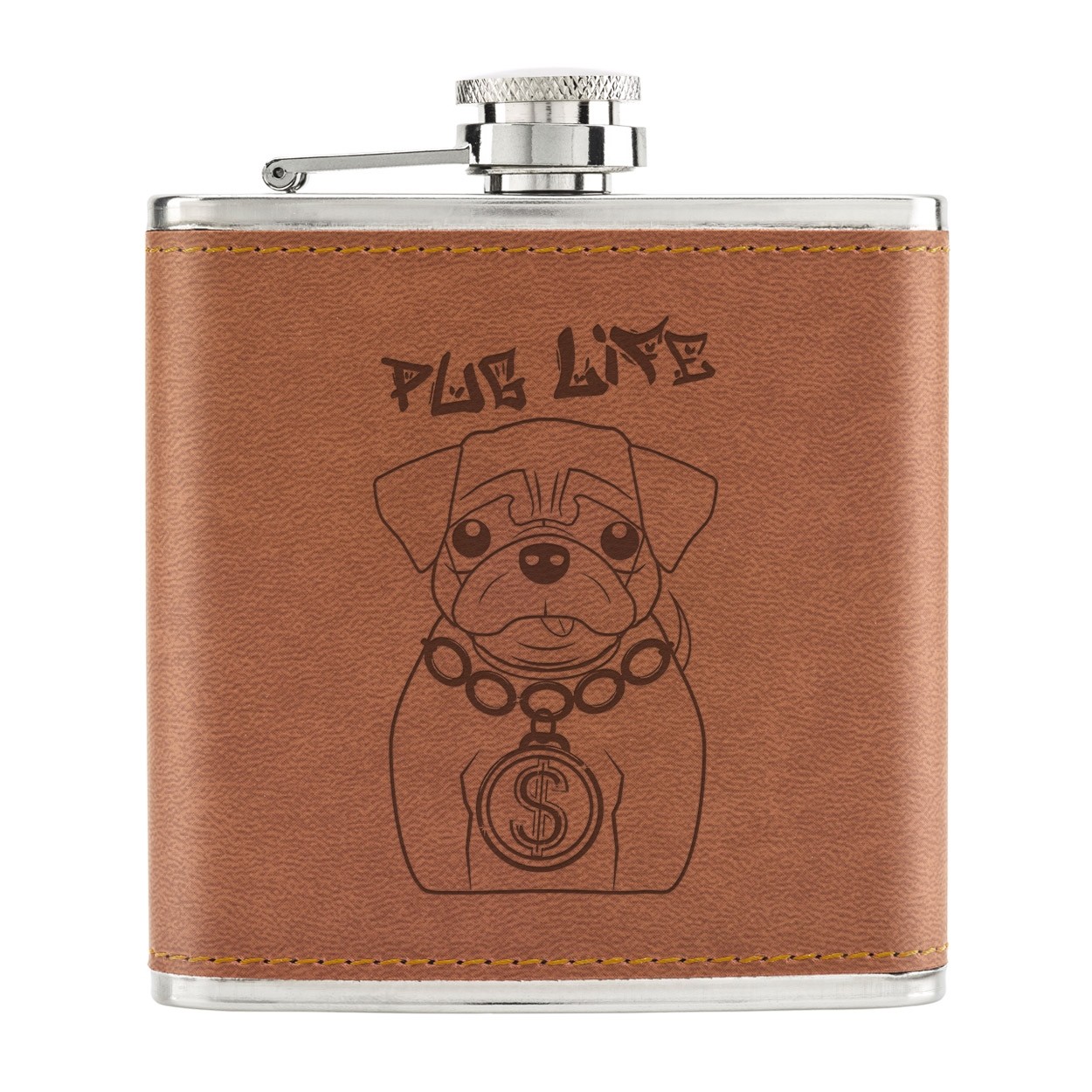 Pug Life Dog 6oz PU Leather Hip Flask Tan