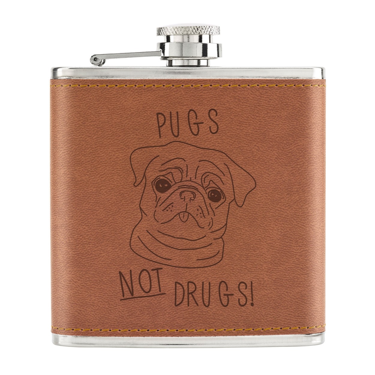 Pugs Not Drugs 6oz PU Leather Hip Flask Tan