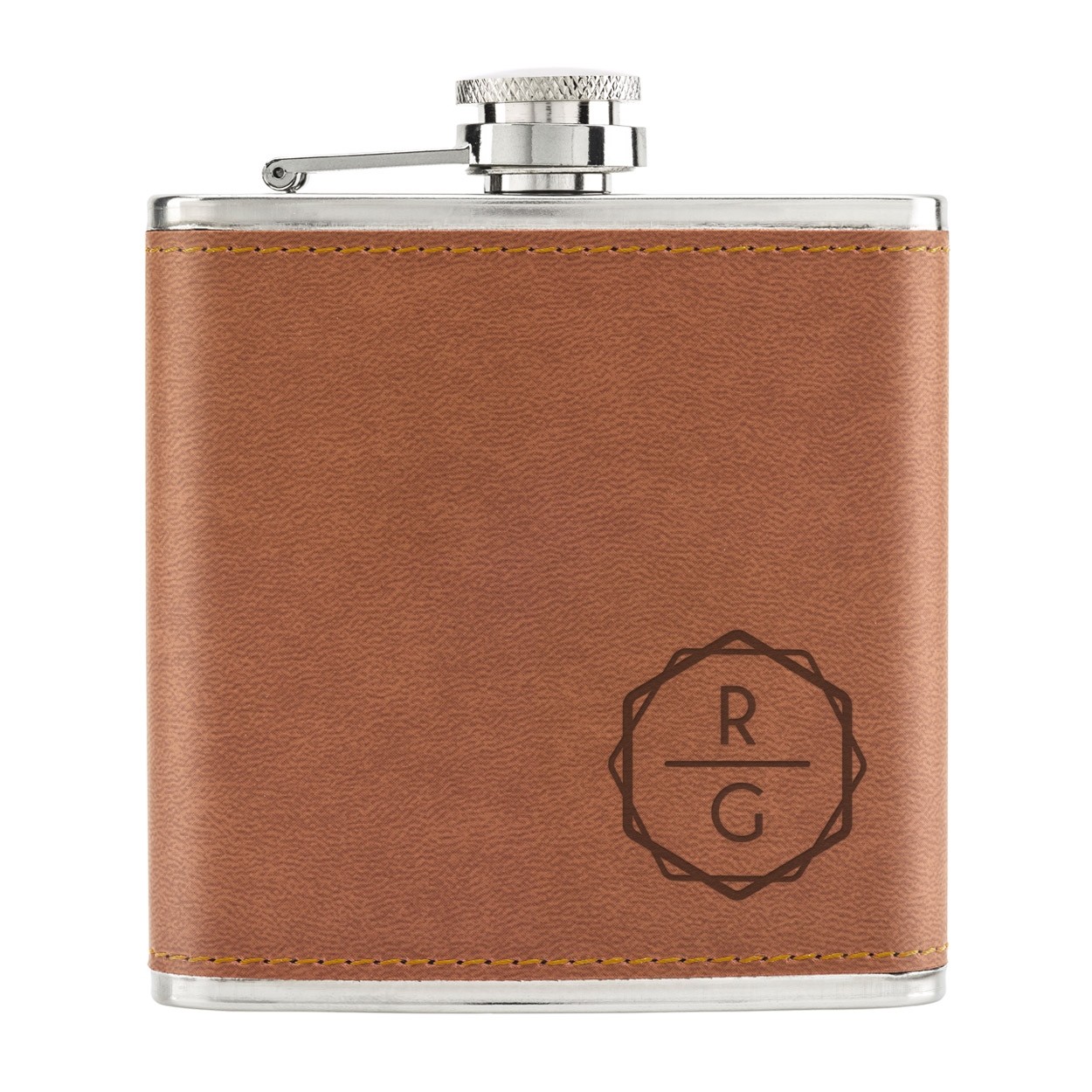 Personalised Custom Initials Entwined Hexagon 6oz PU Leather Hip Flask Tan