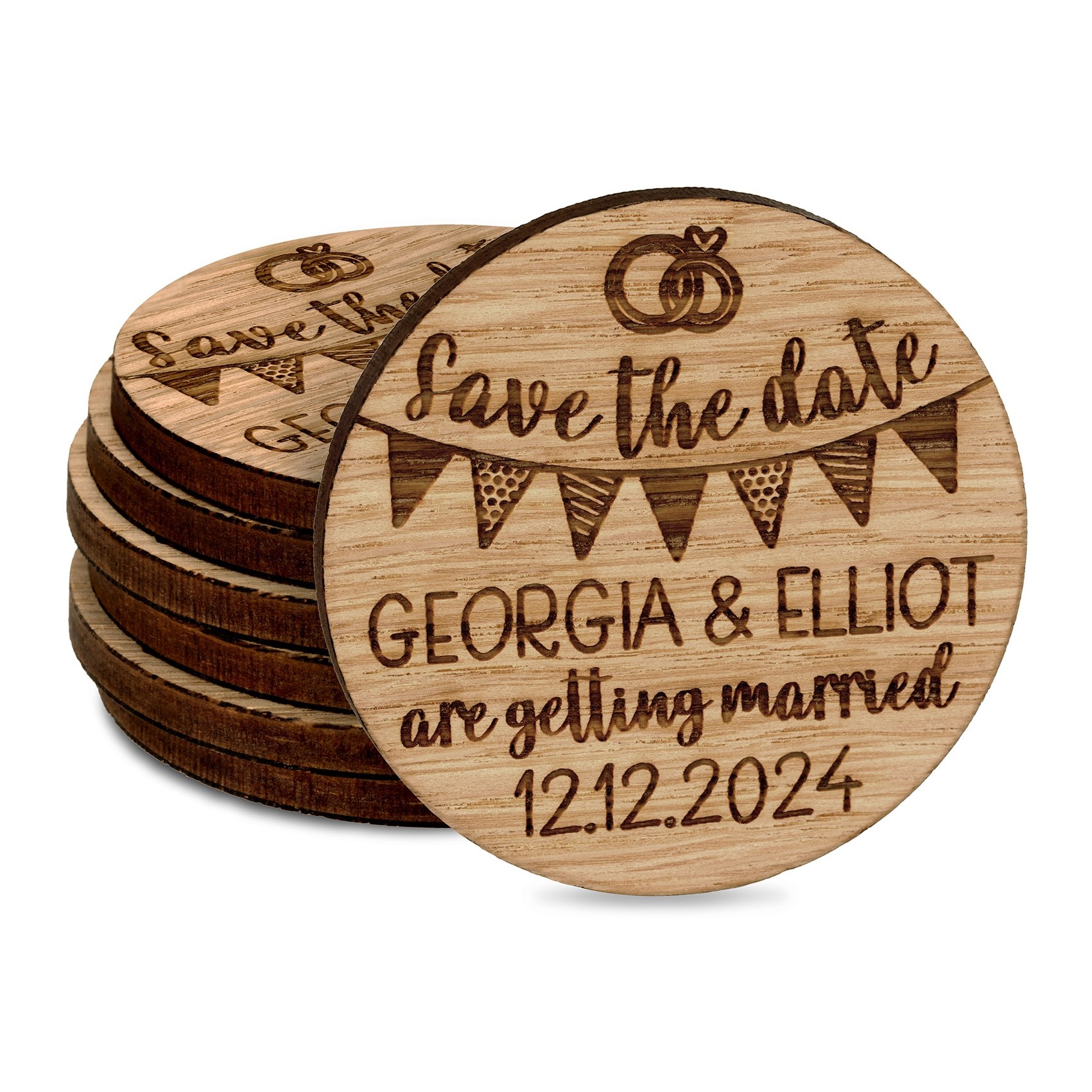 Personalised Wedding Save The Date Invitations Fridge Magnets Cards Bunting Wooden Favours Charms Rustic Oak Custom