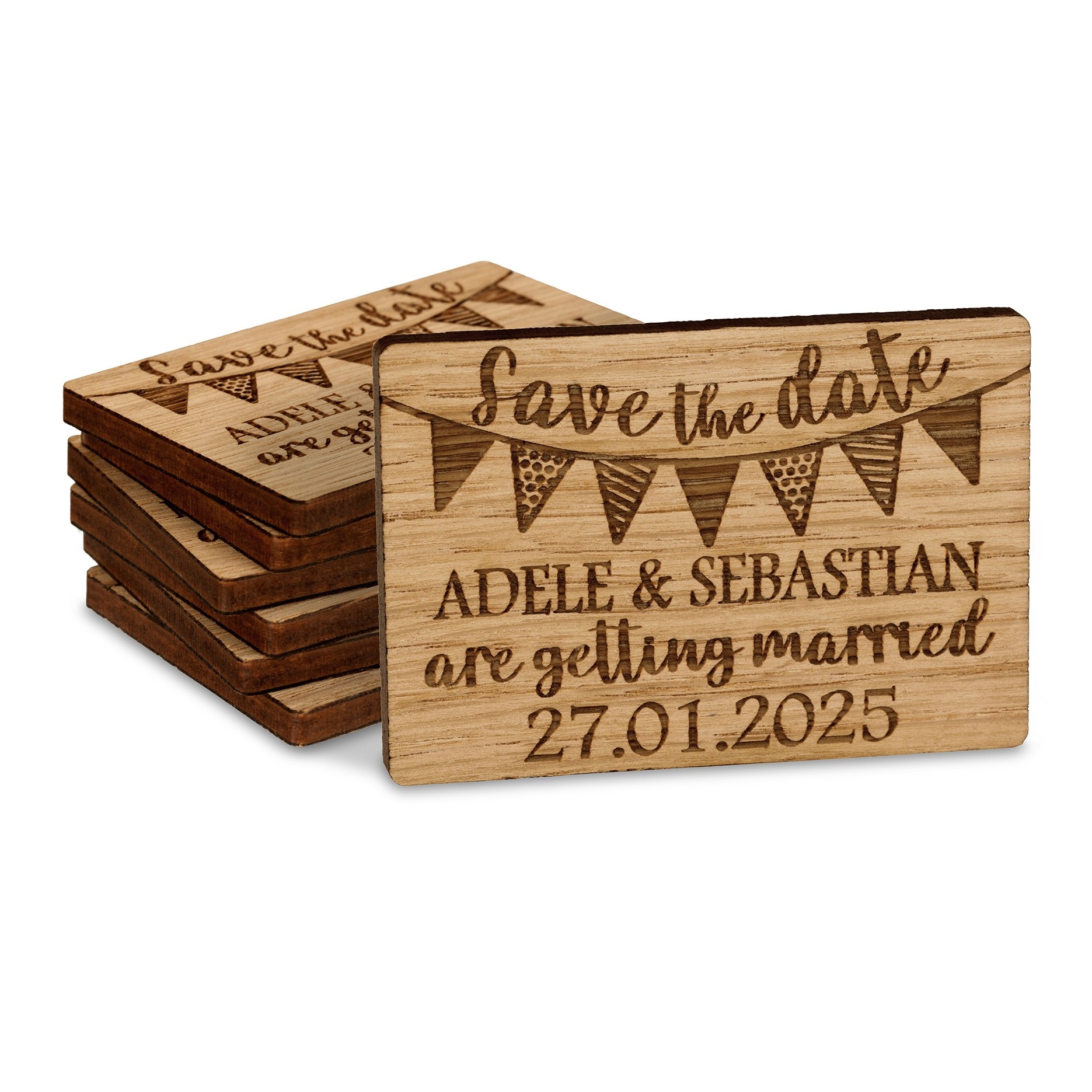 Personalised Wedding Save The Date or Evening Invitations Fridge Magnets Cards Bunting Envelopes Wooden Favours Charms Rustic Oak Custom