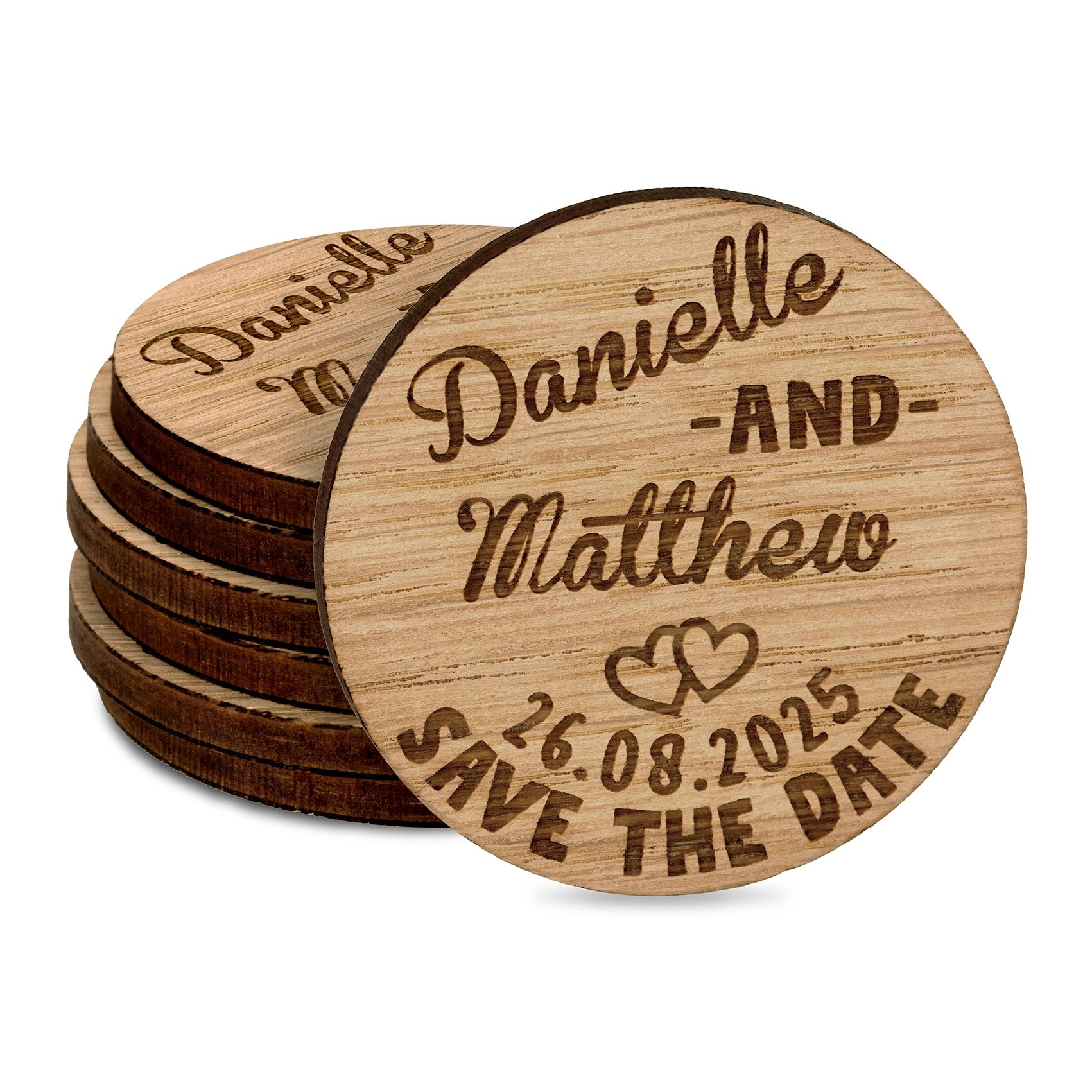 Personalised Wedding Save The Date Invitations Fridge Magnets Cards Love Hearts Wooden Favours Charms Rustic Oak Custom