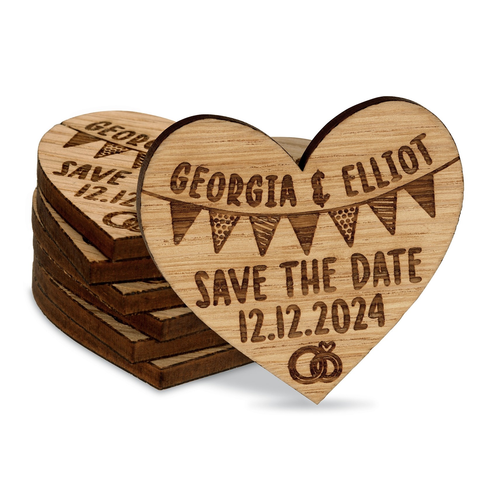 Personalised Wedding Save The Date Invitations Fridge Magnets Love Hearts Cards Wooden Favours Charms Rustic Oak Custom