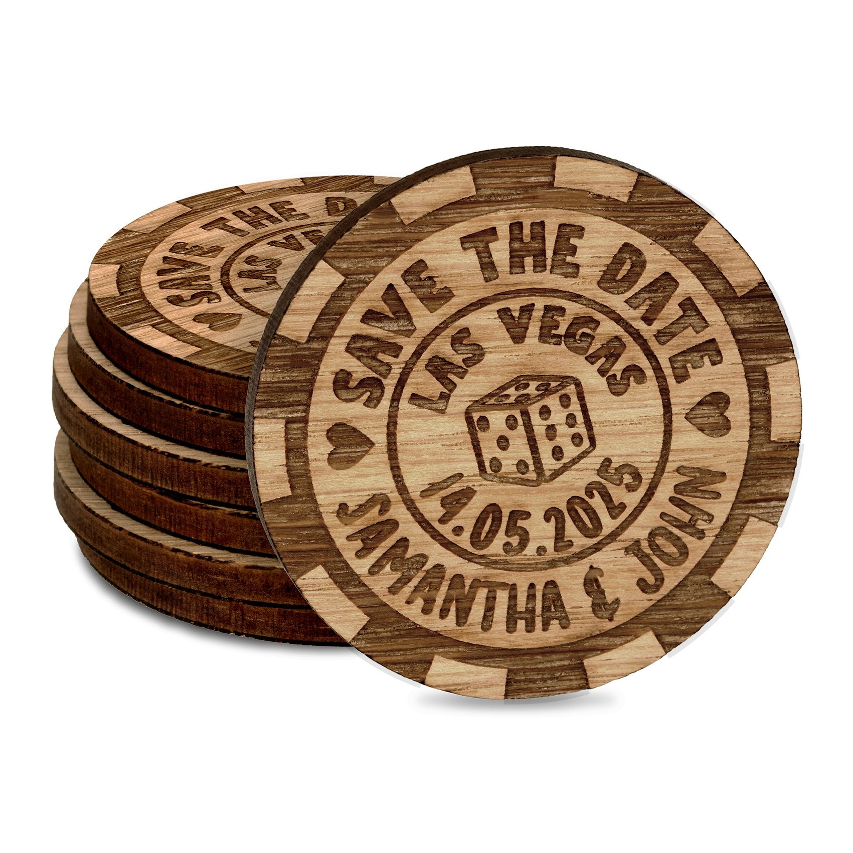 Personalised Wedding Save The Date Invitations Fridge Magnets Cards Las Vegas Poker Chip Casino Wooden Favours Charms Rustic Oak Custom
