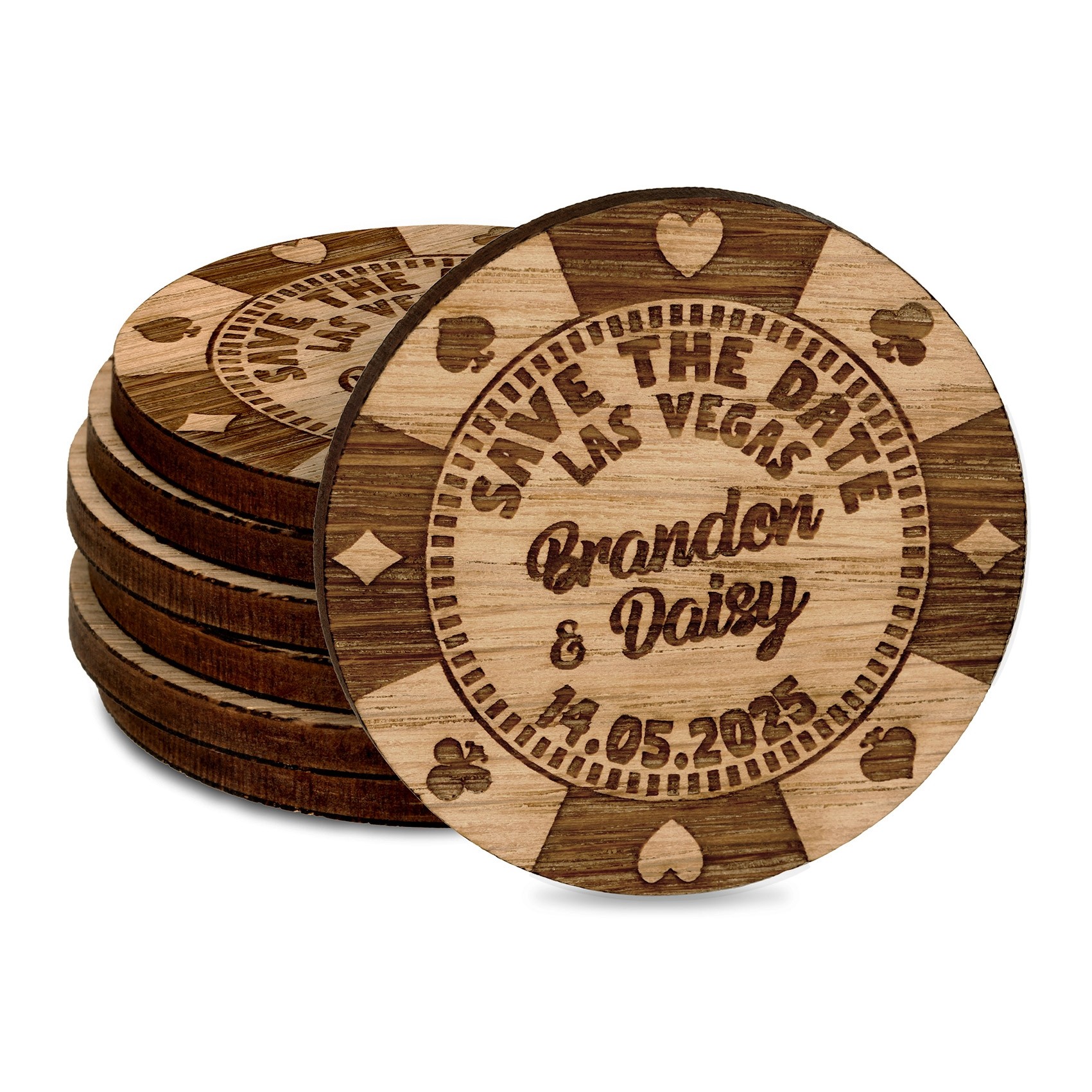 Personalised Wedding Save The Date Invitations Fridge Magnets Cards Las Vegas Poker Chip Casino Wooden Favours Charms Rustic Oak Custom