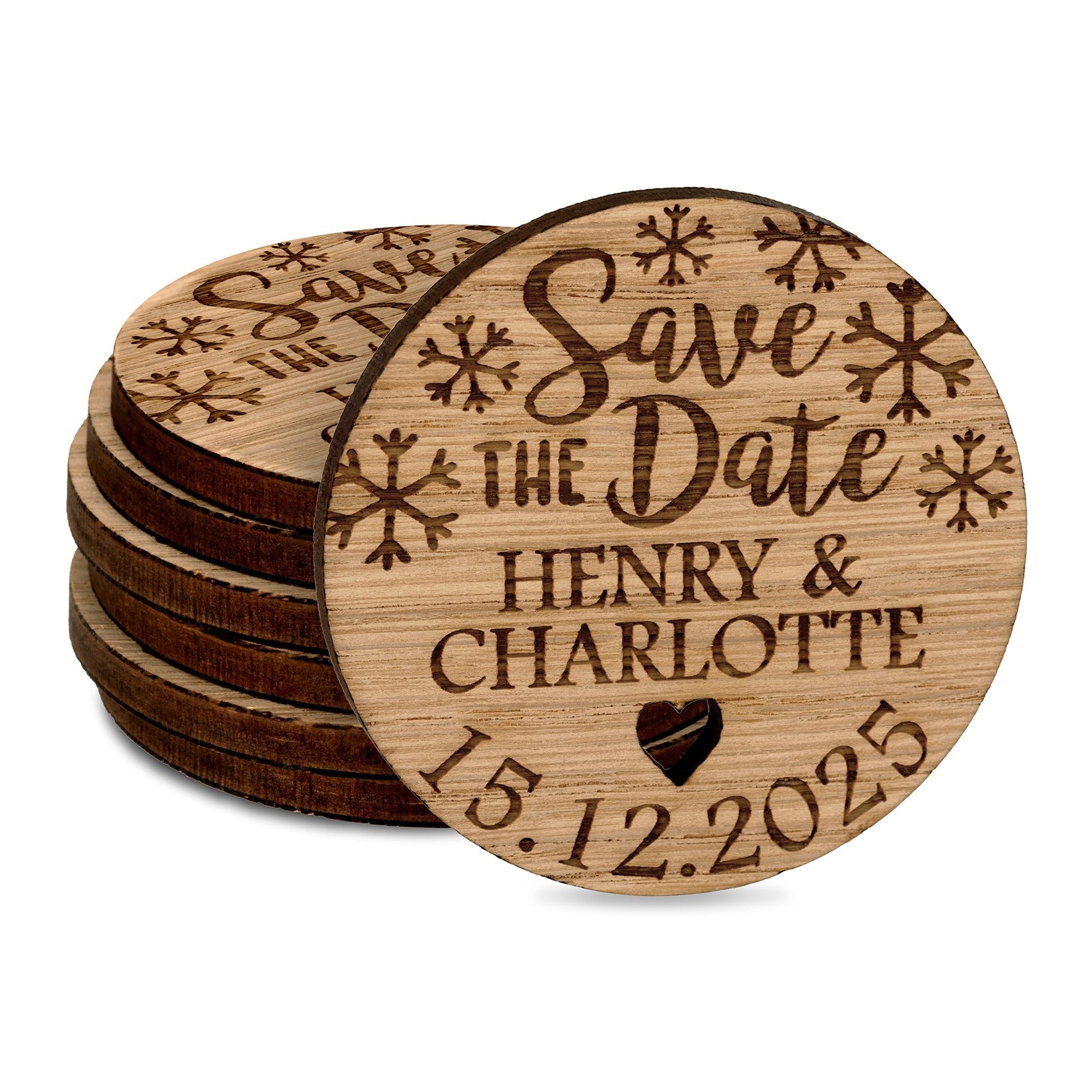 Personalised Wedding Save The Date Invitations Fridge Magnets Cards Snowflakes Winter Christmas Wooden Favours Charms Rustic Oak Custom