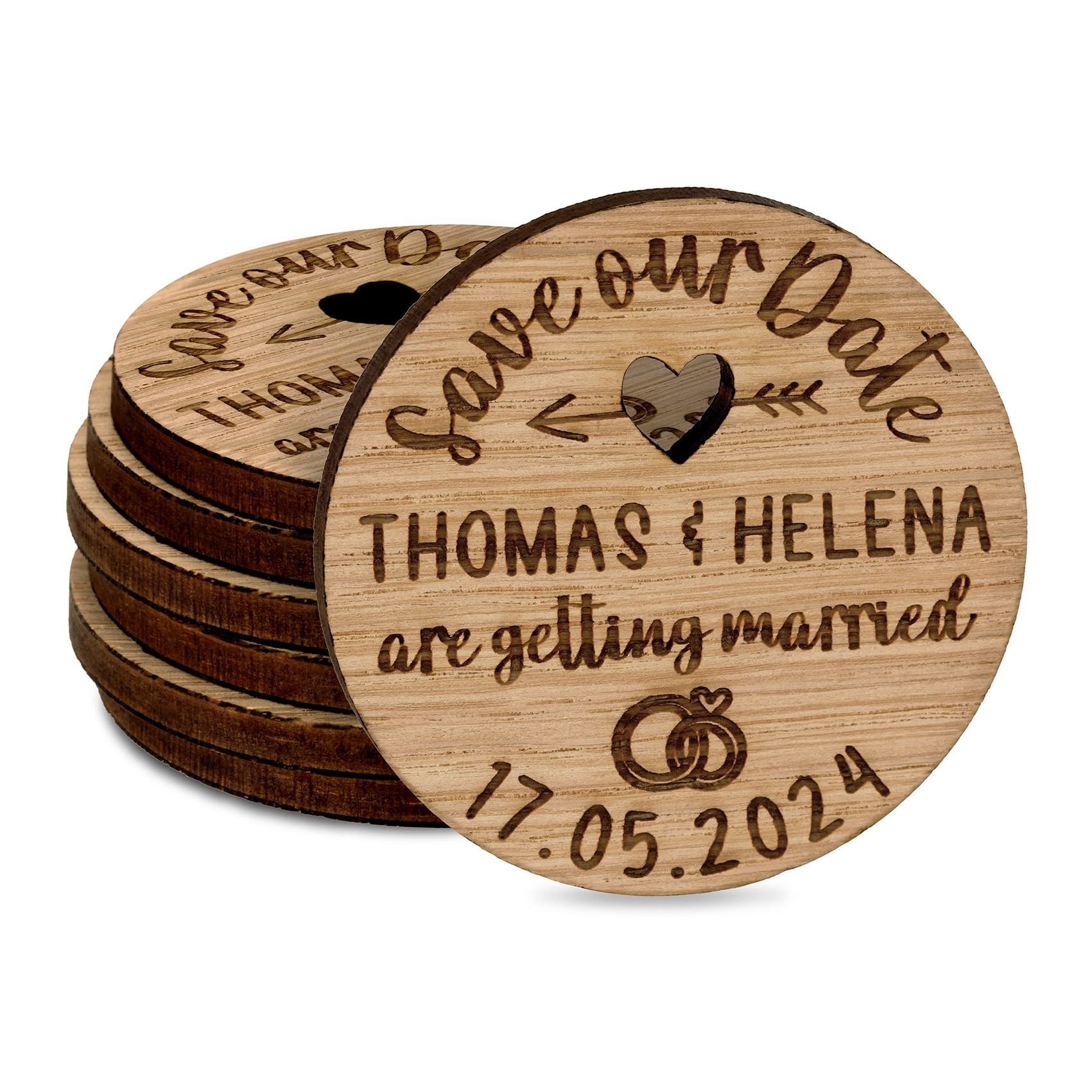 Personalised Wedding Save The Date Invitations Fridge Magnets Cards Love Heart Arrow Wooden Favours Charms Rustic Oak Custom