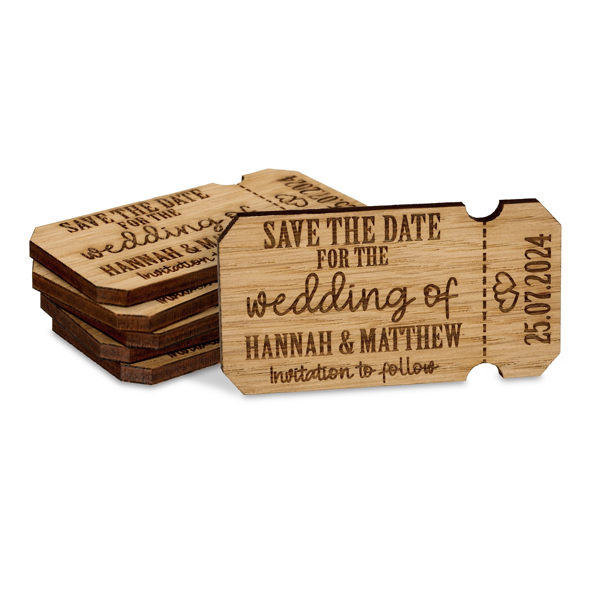 Personalised Wedding Save The Date or Evening Invitations Fridge Magnets Cards Ticket Envelopes Wooden Favours Charms Rustic Oak Custom