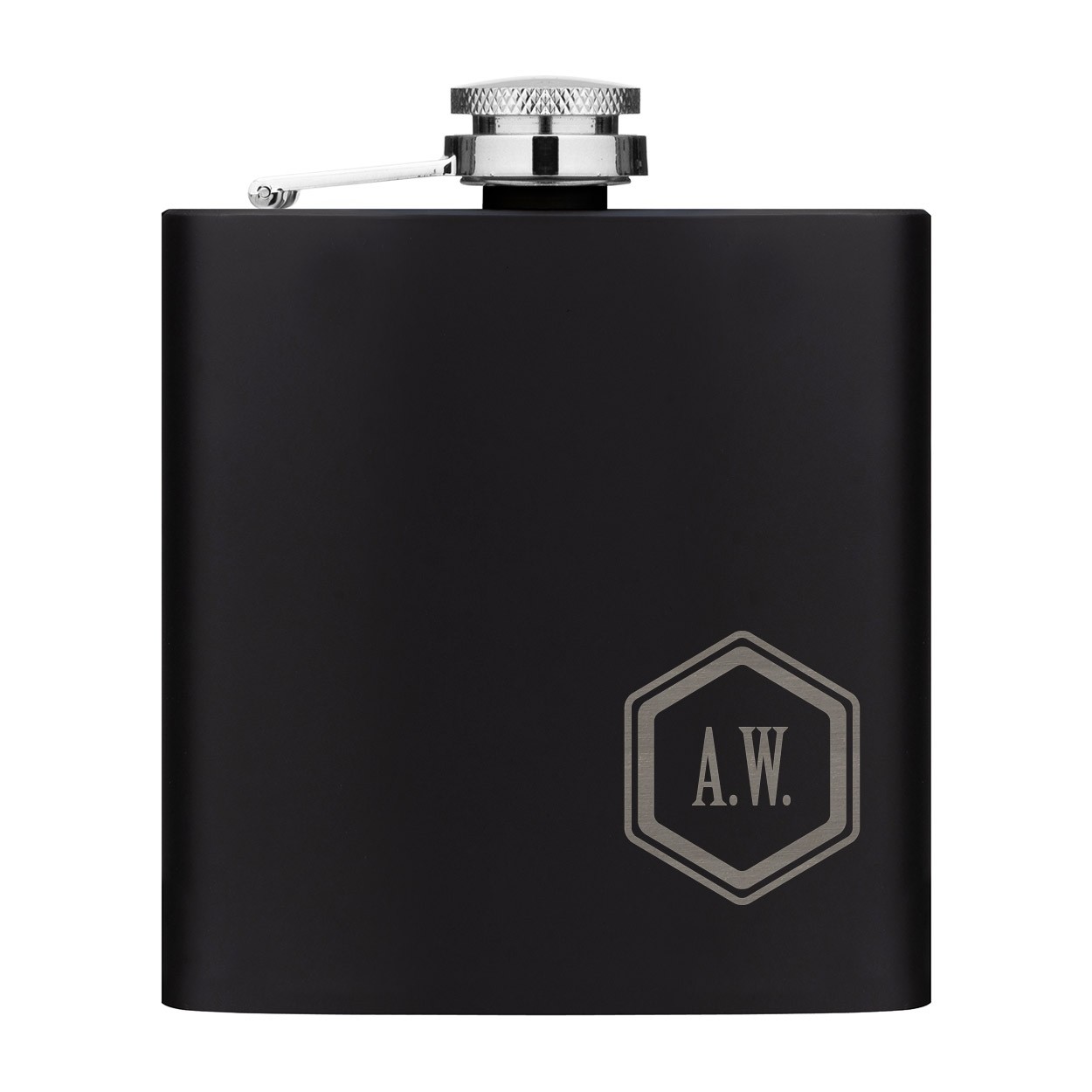 Personalised Hip Flask Custom Initials Standard Hexagon 6oz Matte Black Stainless Steel