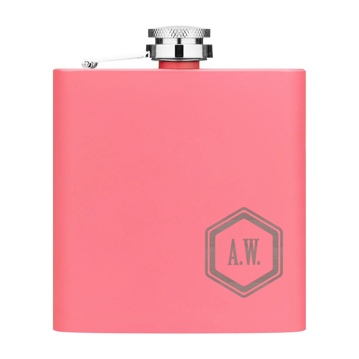 Personalised Hip Flask Custom Initials Standard Hexagon 6oz Matte Pink Stainless Steel