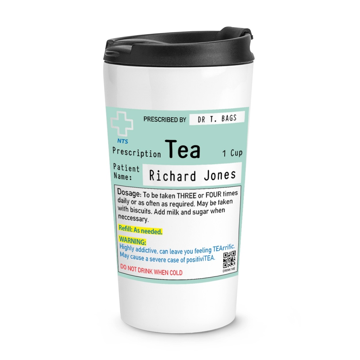 Personalised Name Tea Prescription Travel Mug Cup