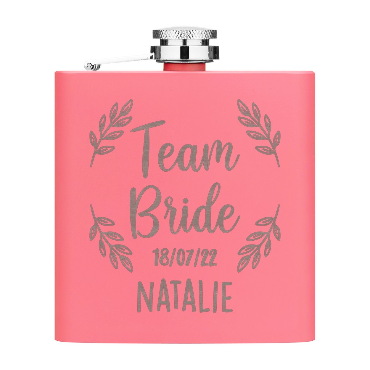 Personalised Team Bride Wreath Name Date 6oz Hip Flask Matte Pink Stainless Steel Wedding Custom Hen Do