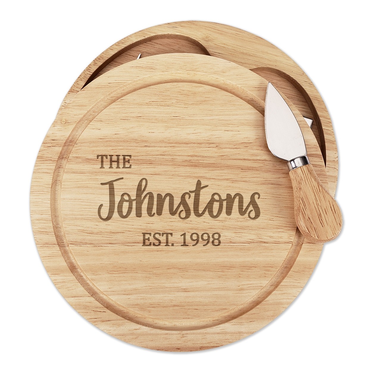 Personalised Custom Any Name Surname The Johnstons Style Wooden Cheese Board Set 4 Knives