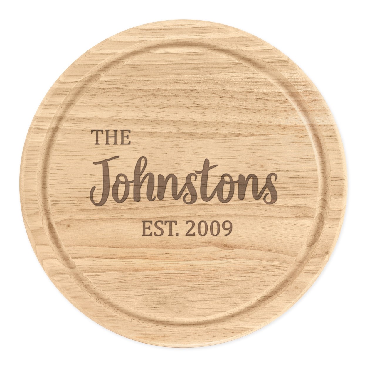 Personalised Wooden Chopping Cheese Board Round 25cm Custom Name Surname The Johnstons Style
